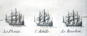 Le Phénix, l'Achille et le Bourbon, vaisseaux de l'escadre française devant Madras le 21 septembre 1746, détail d'un plan gravé de Madras, XVIIIè siècle. Lorient, musée de al Compagnie des Indes.